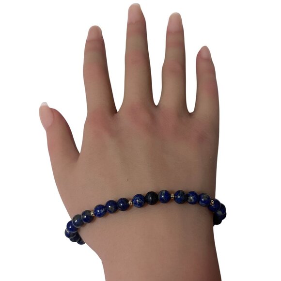 Lapis Lazuli Gemstone Beaded Stretch Bracelet with 14K Gold Accent Bead Handmade - Picture 6 of 7